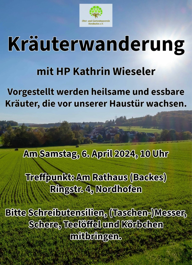 Bildinserat mit folgendem Text:

Kräuterwanderung mit HP Kathrin Wieseler

Vorgestellt werden heilsame und essbare Kräuter, die vor unserer Haustür wachsen.

Am Samstag, 6. April 2024, 10 Uhr

Treffpunkt: Am Rathaus (Backes)
Ringstr. 4, Nordhofen

Bitte Schreibutensilien, (Taschen-)Messer, Schere, Teelöffel und Körbchen mitbringen.